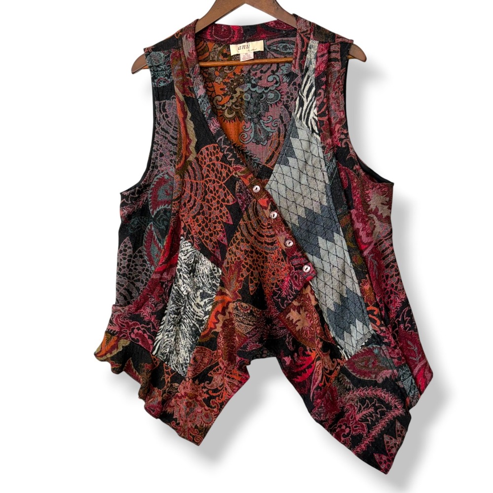 Anu by Natural Vest XL Patchwork 100% Wool Asymmetrical Button Boho Pockets